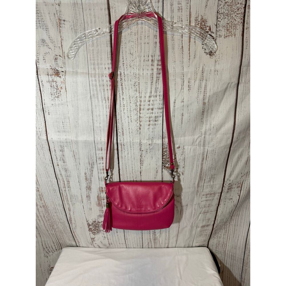 Vera Pelle Italian Leather Hot Pink Crossbody Bag Tassel Purse Made in Italy